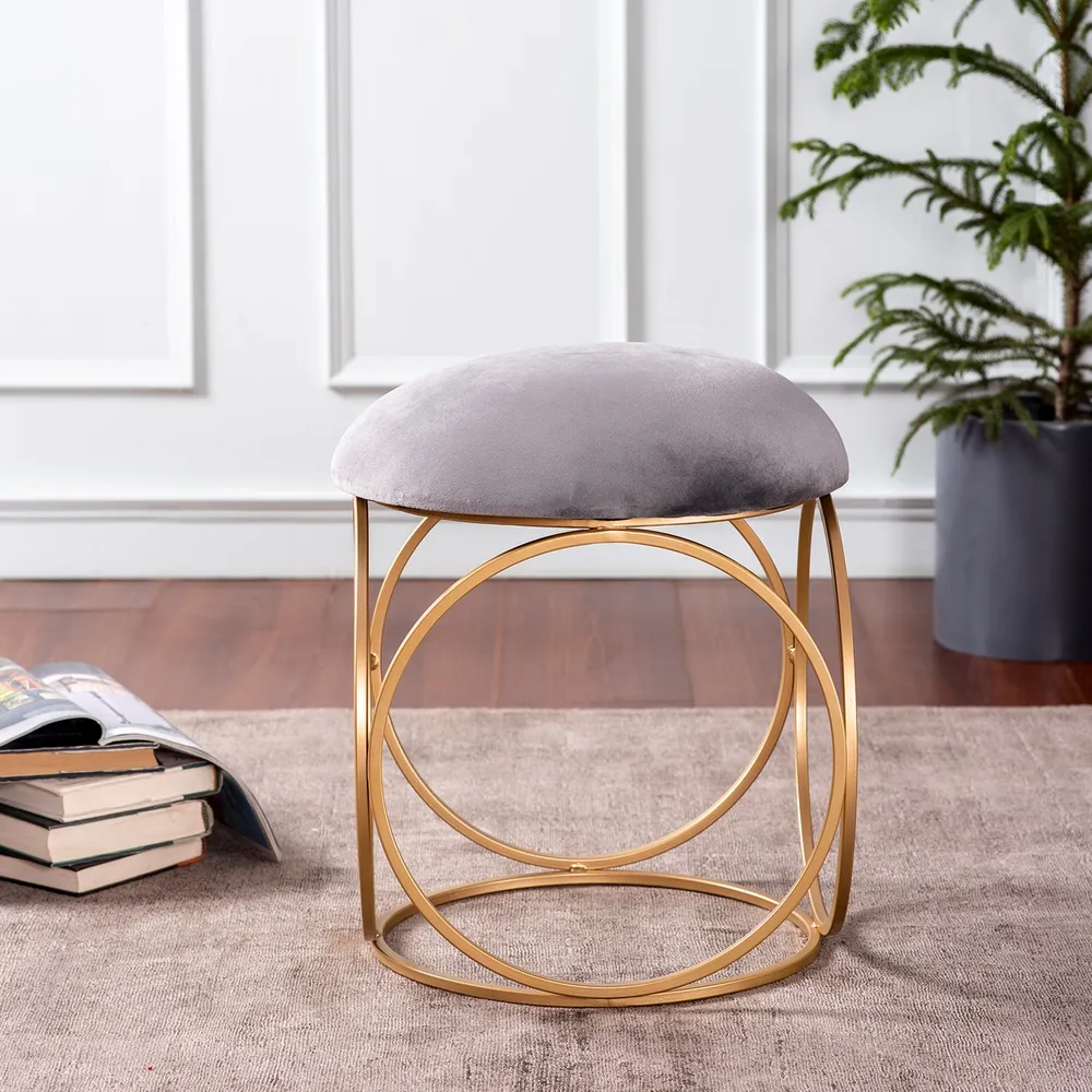 Enchanting Grey Solid Velvety Metal Ottoman Stool