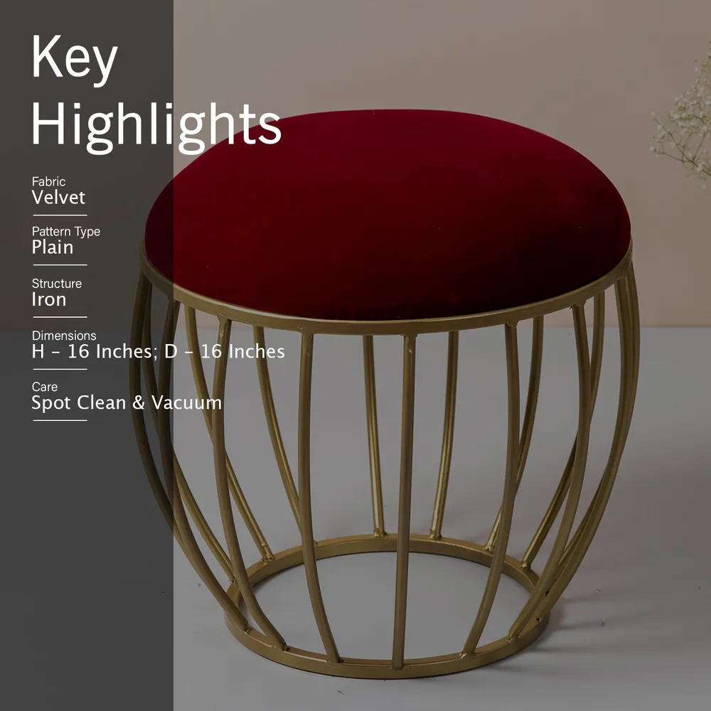 Enchanting Maroon Solid Velvet Metal Ottoman Stool Set Of 2