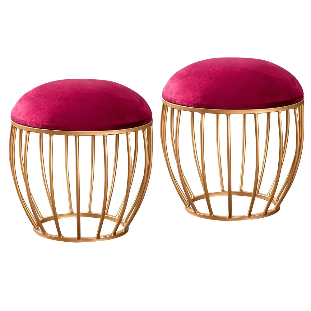 Enchanting Maroon Solid Velvet Metal Ottoman Stool Set Of 2