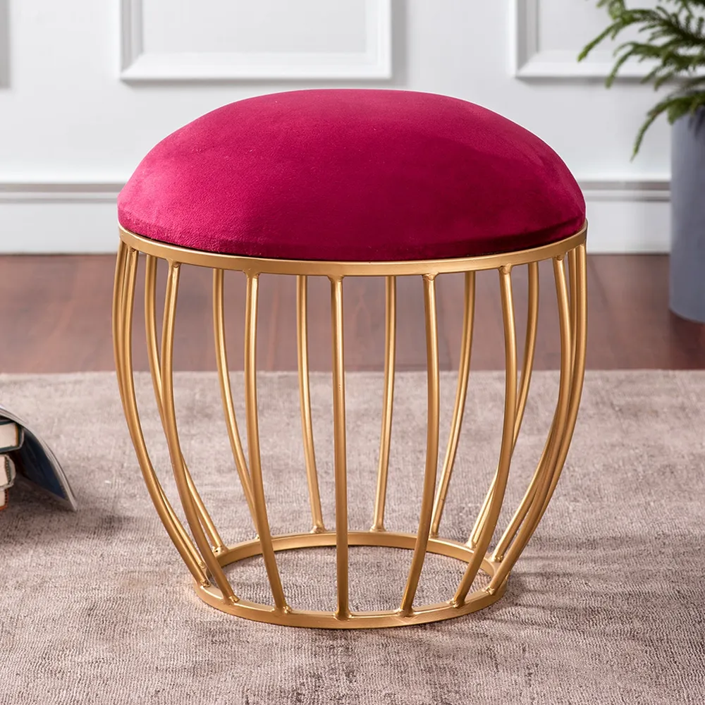 Enchanting Maroon Solid Velvety Metal Ottoman Stool