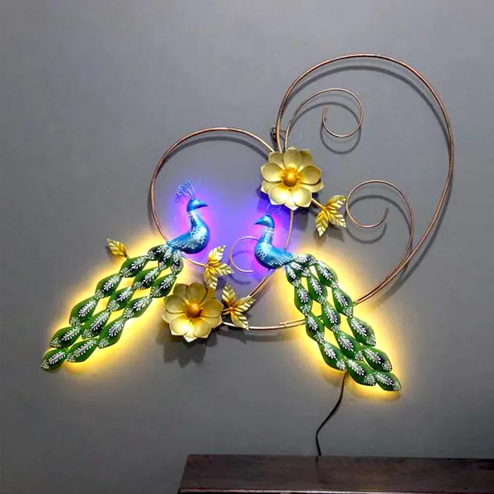 Enchanting Pair Of Peacock Metal Wall Art With LED Lights
