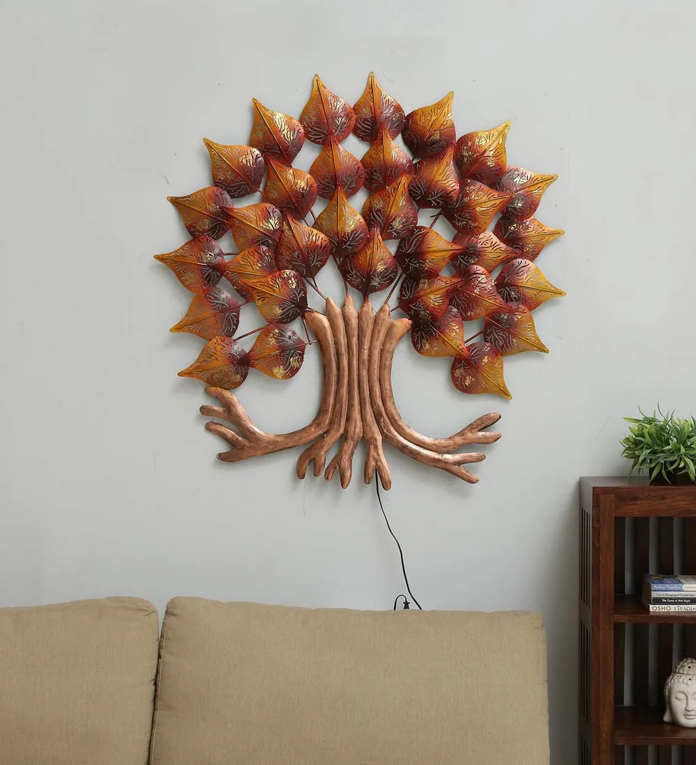 Enchanting Peepal Tree Golden Brown LED Metal Wall Art