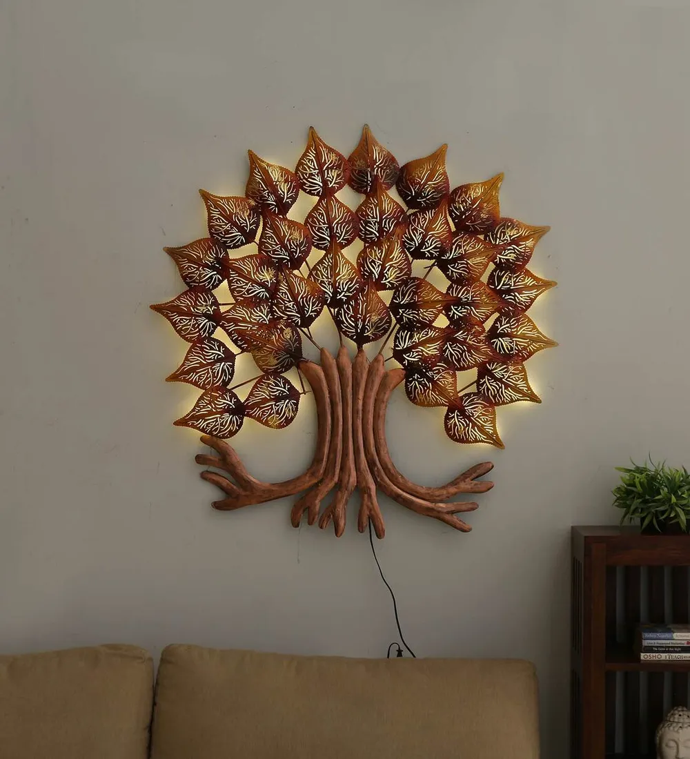 Enchanting Peepal Tree Golden Brown LED Metal Wall Art