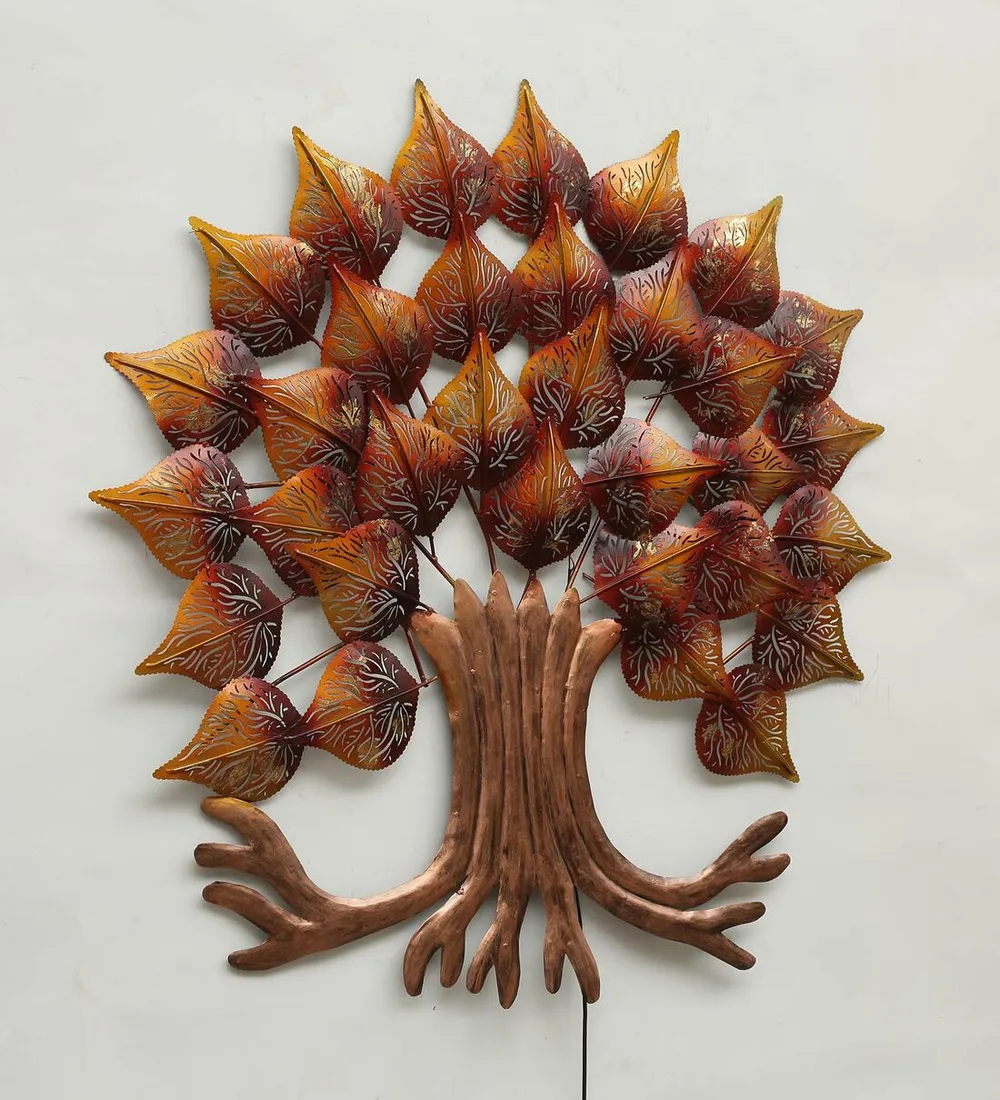 Enchanting Peepal Tree Golden Brown LED Metal Wall Art