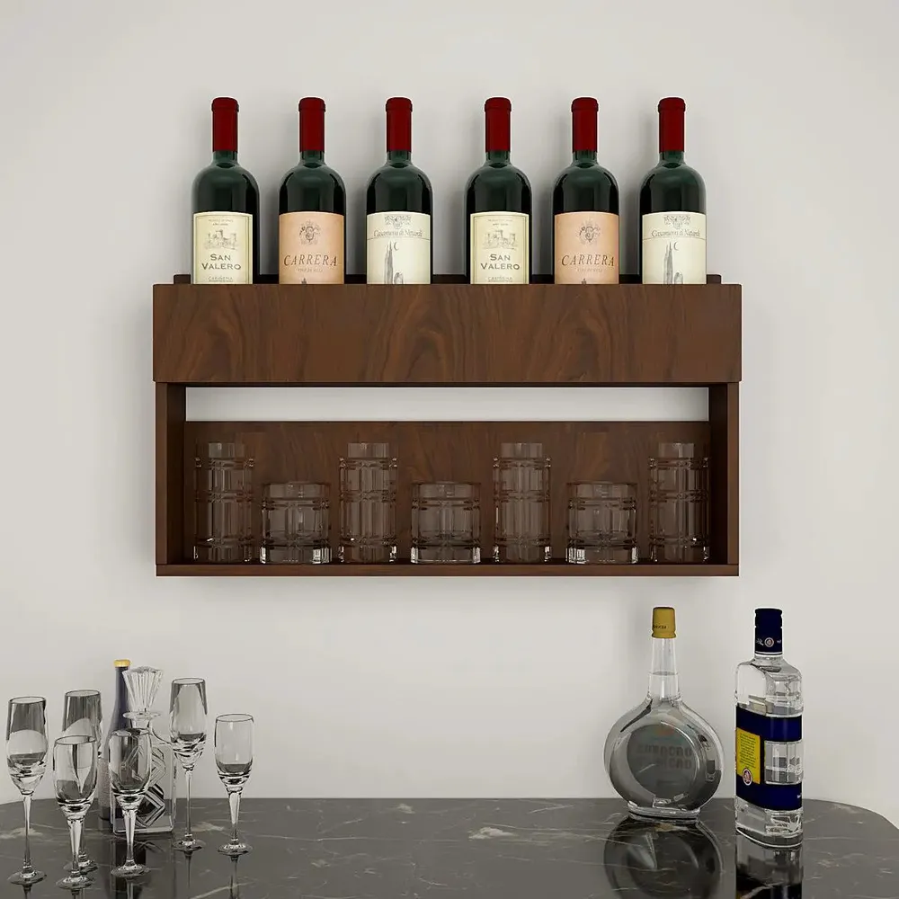 " Engineered Wood Backlit Bar Wall Shelf / Mini Bar Cabinet in Walnut Finish"