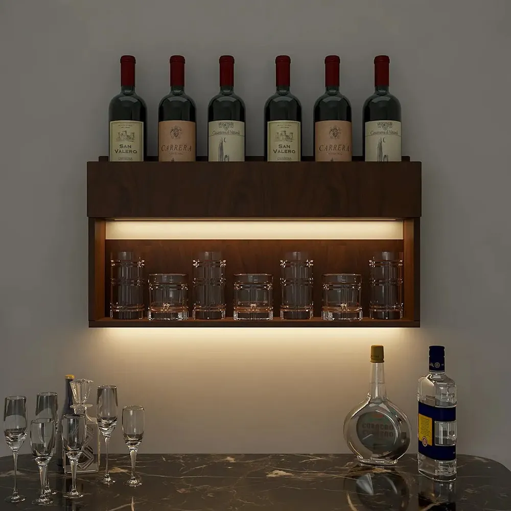 " Engineered Wood Backlit Bar Wall Shelf / Mini Bar Cabinet in Walnut Finish"