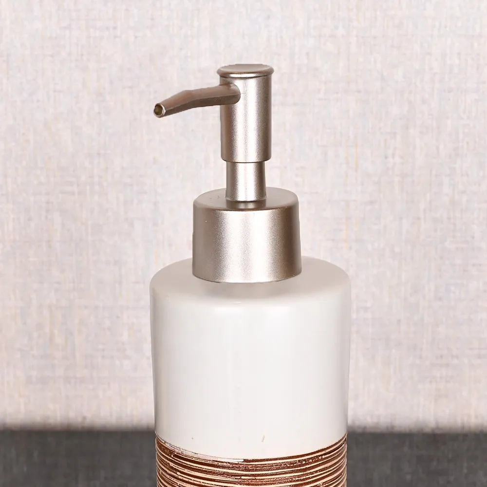 Engraved Designer Brown & White Ceramic Bathroom Set of 4 (Soap Dispenser, Soap Dish, Toothbrush Holder & Tumbler)