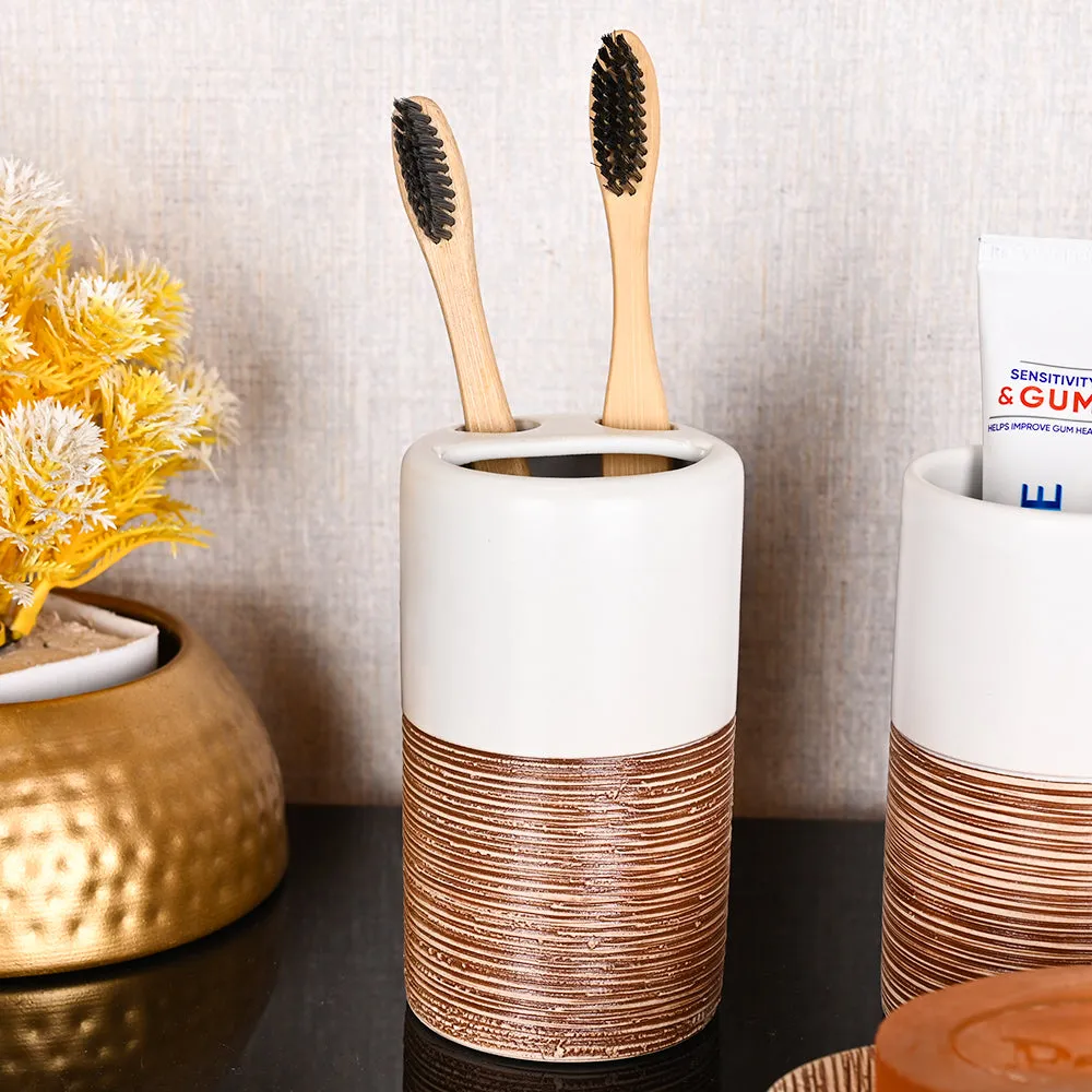 Engraved Designer Brown & White Ceramic Bathroom Set of 4 (Soap Dispenser, Soap Dish, Toothbrush Holder & Tumbler)