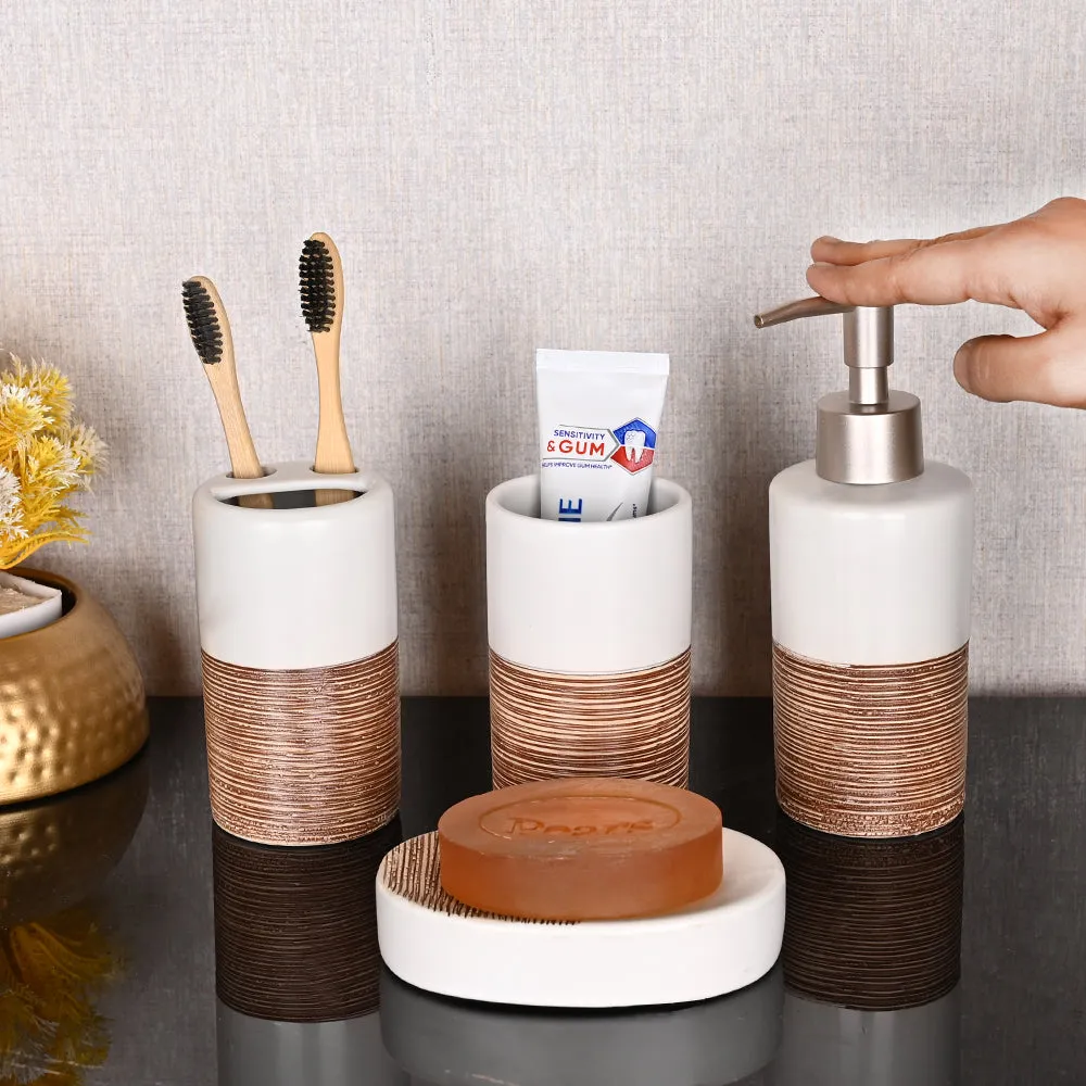 Engraved Designer Brown & White Ceramic Bathroom Set of 4 (Soap Dispenser, Soap Dish, Toothbrush Holder & Tumbler)