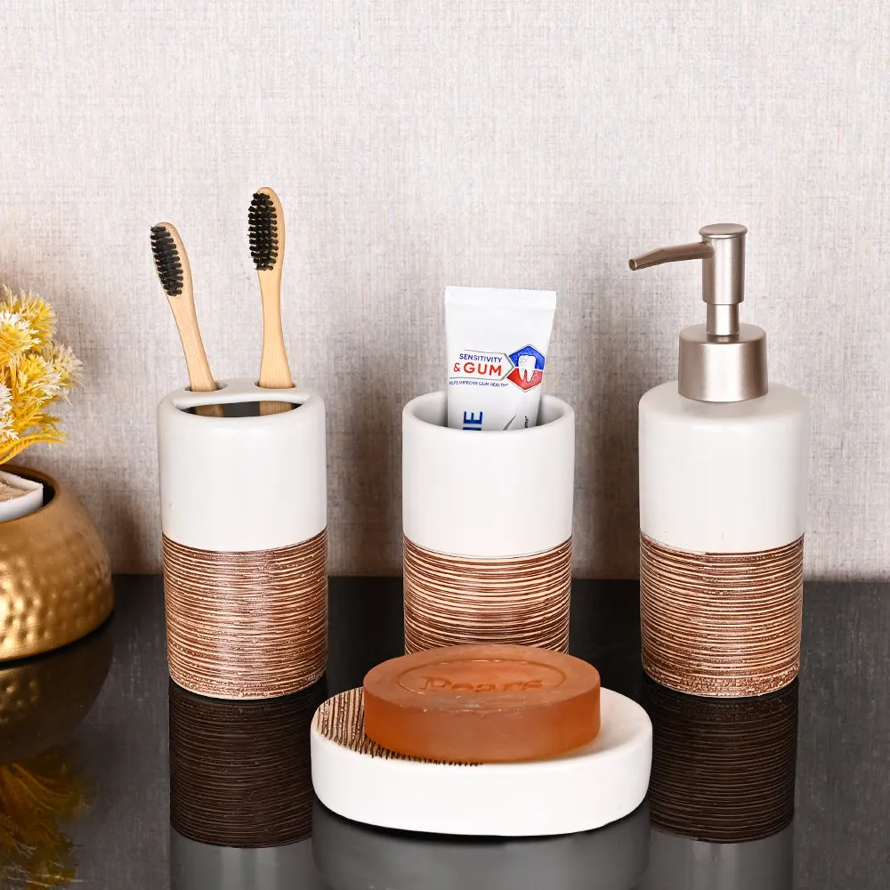 Engraved Designer Brown & White Ceramic Bathroom Set of 4 (Soap Dispenser, Soap Dish, Toothbrush Holder & Tumbler)