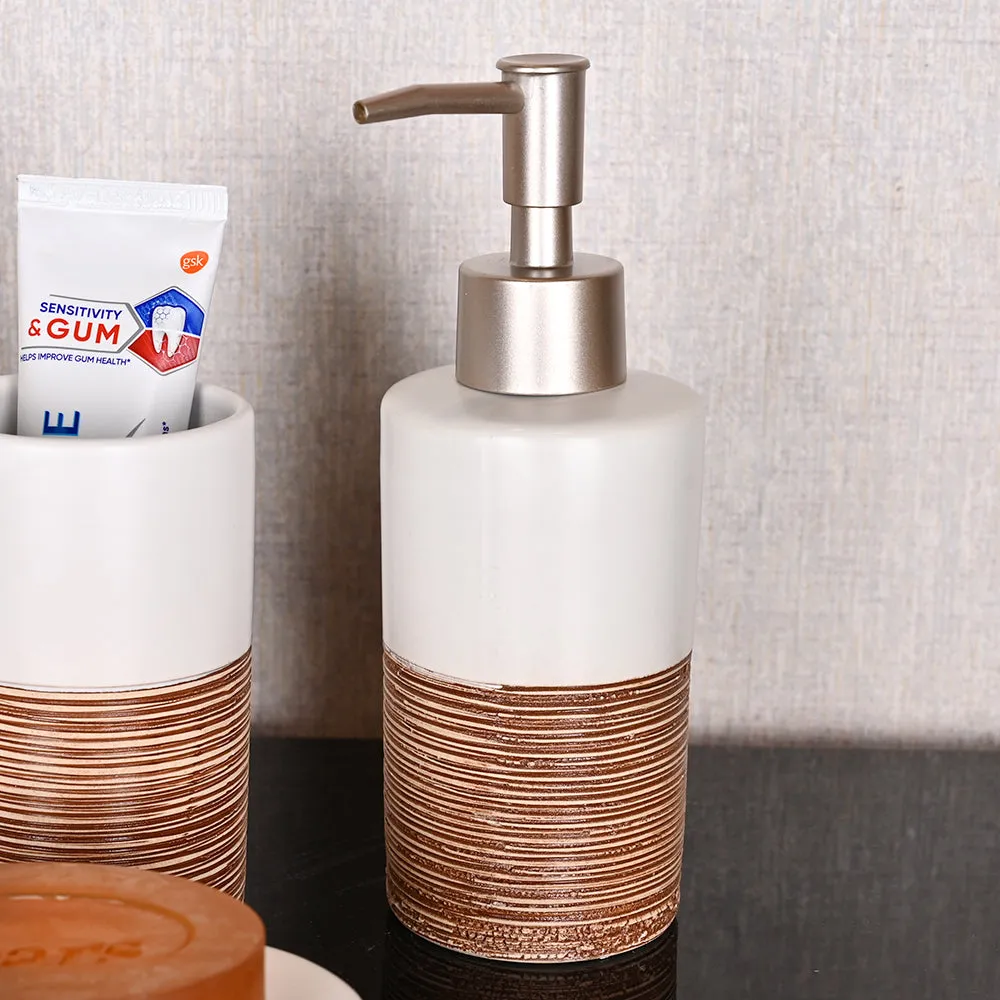 Engraved Designer Brown & White Ceramic Bathroom Set of 4 (Soap Dispenser, Soap Dish, Toothbrush Holder & Tumbler)