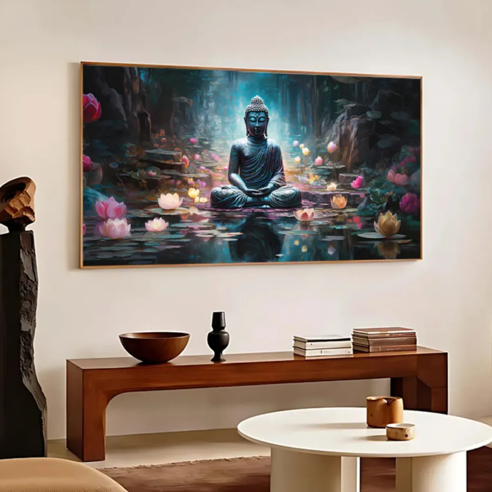 Enlightened Lotus Pond Buddha Canvas Wall Painting With Frame