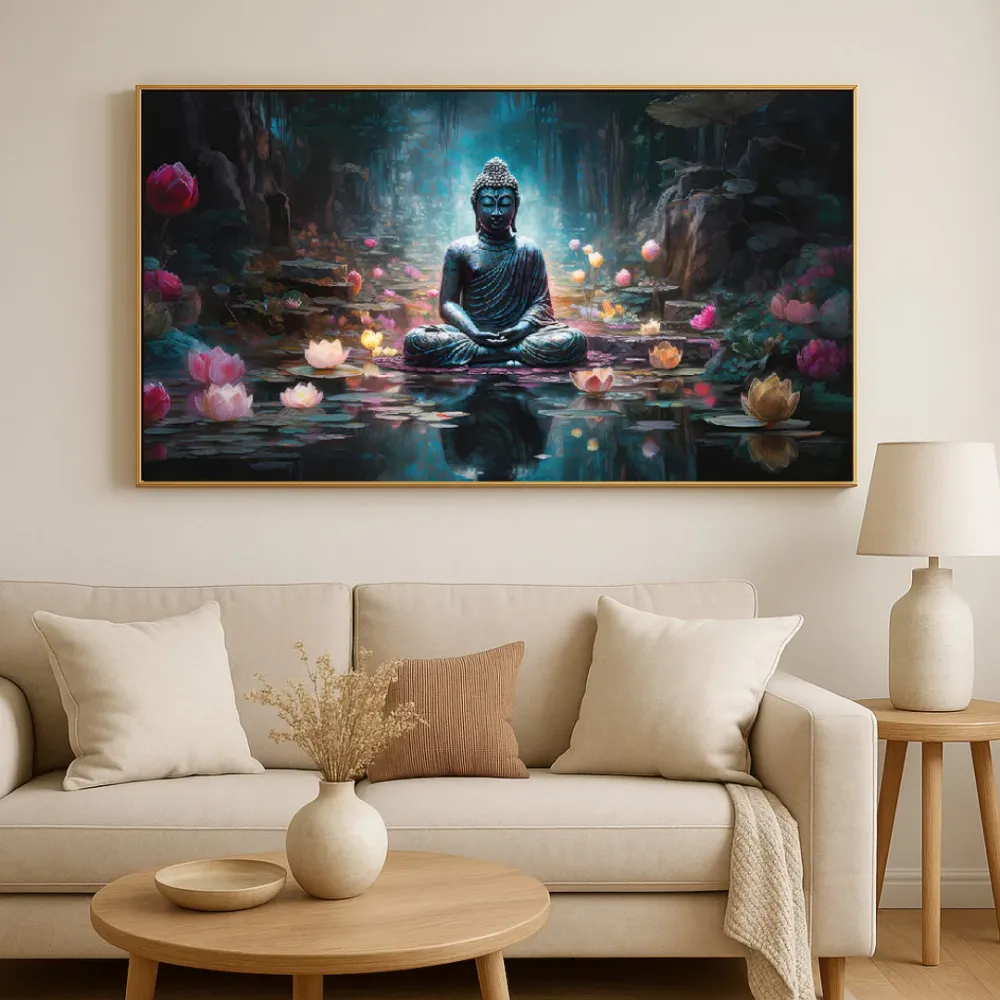 Enlightened Lotus Pond Buddha Canvas Wall Painting With Frame