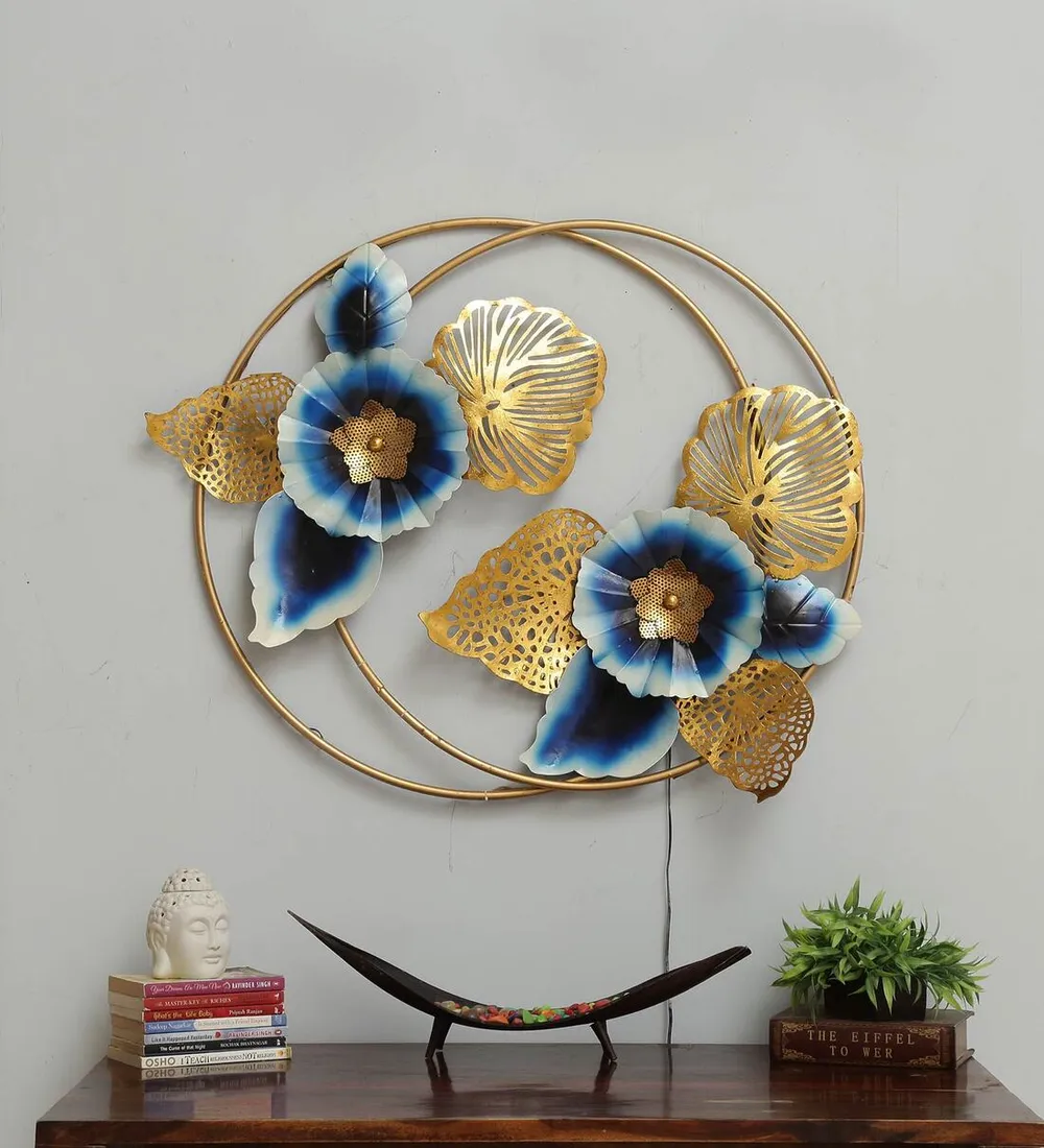 Entwined Circles Golden Floral LED Metal Wall Art