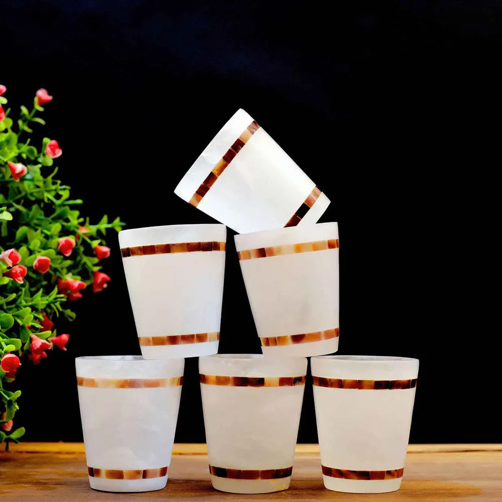 Esctacy White Italian Marble & Semi Precious Stone Shot Glasses with Bronze Strips (Set of 6)