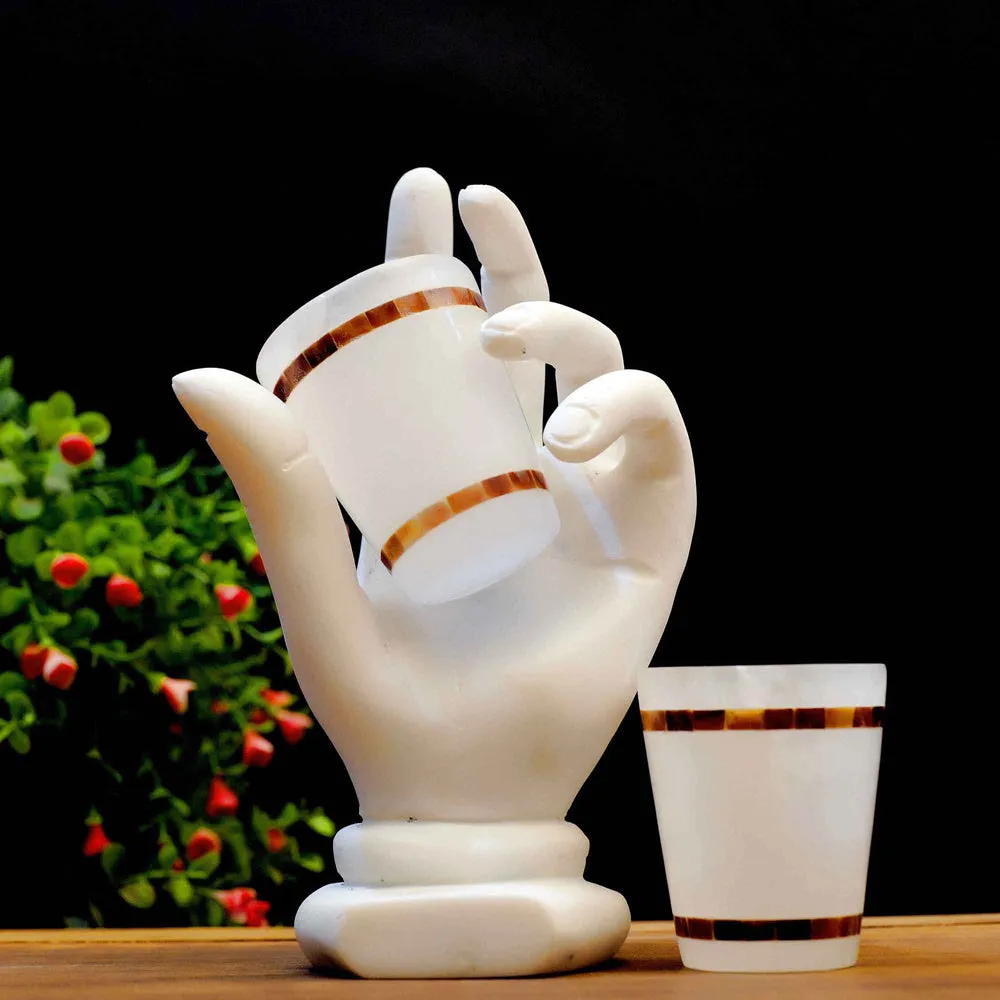 Esctacy White Italian Marble & Semi Precious Stone Shot Glasses with Bronze Strips (Set of 6)