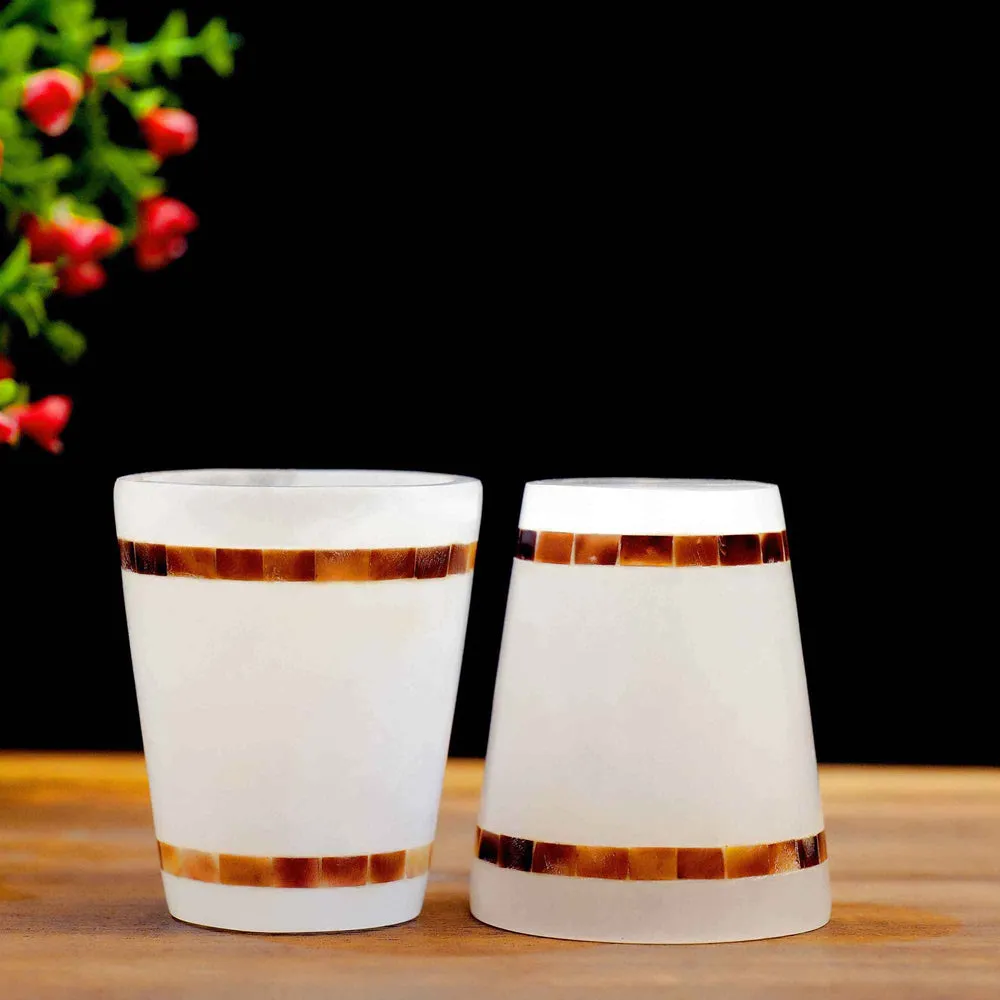 Esctacy White Italian Marble & Semi Precious Stone Shot Glasses with Bronze Strips (Set of 6)