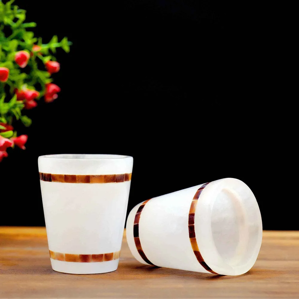 Esctacy White Italian Marble & Semi Precious Stone Shot Glasses with Bronze Strips (Set of 6)