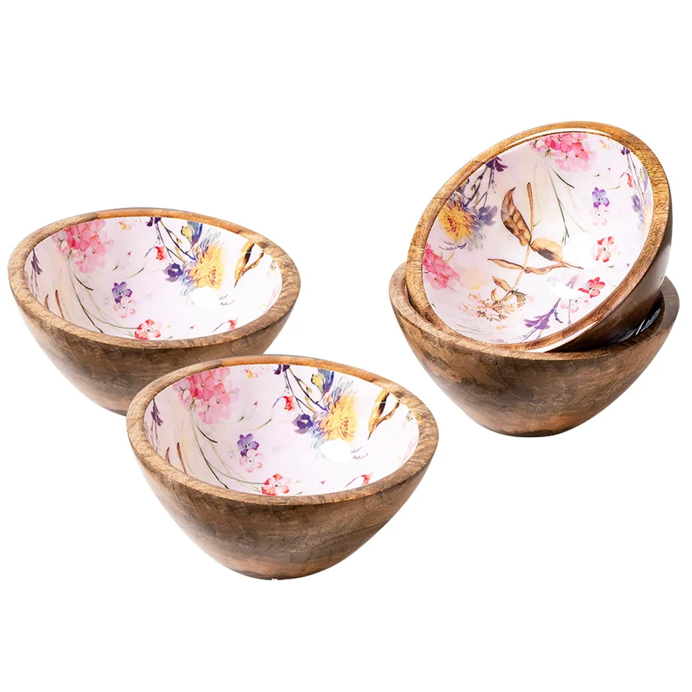 Ethereal Pink Enamel Print Wood Serving Bowl Set Of 4