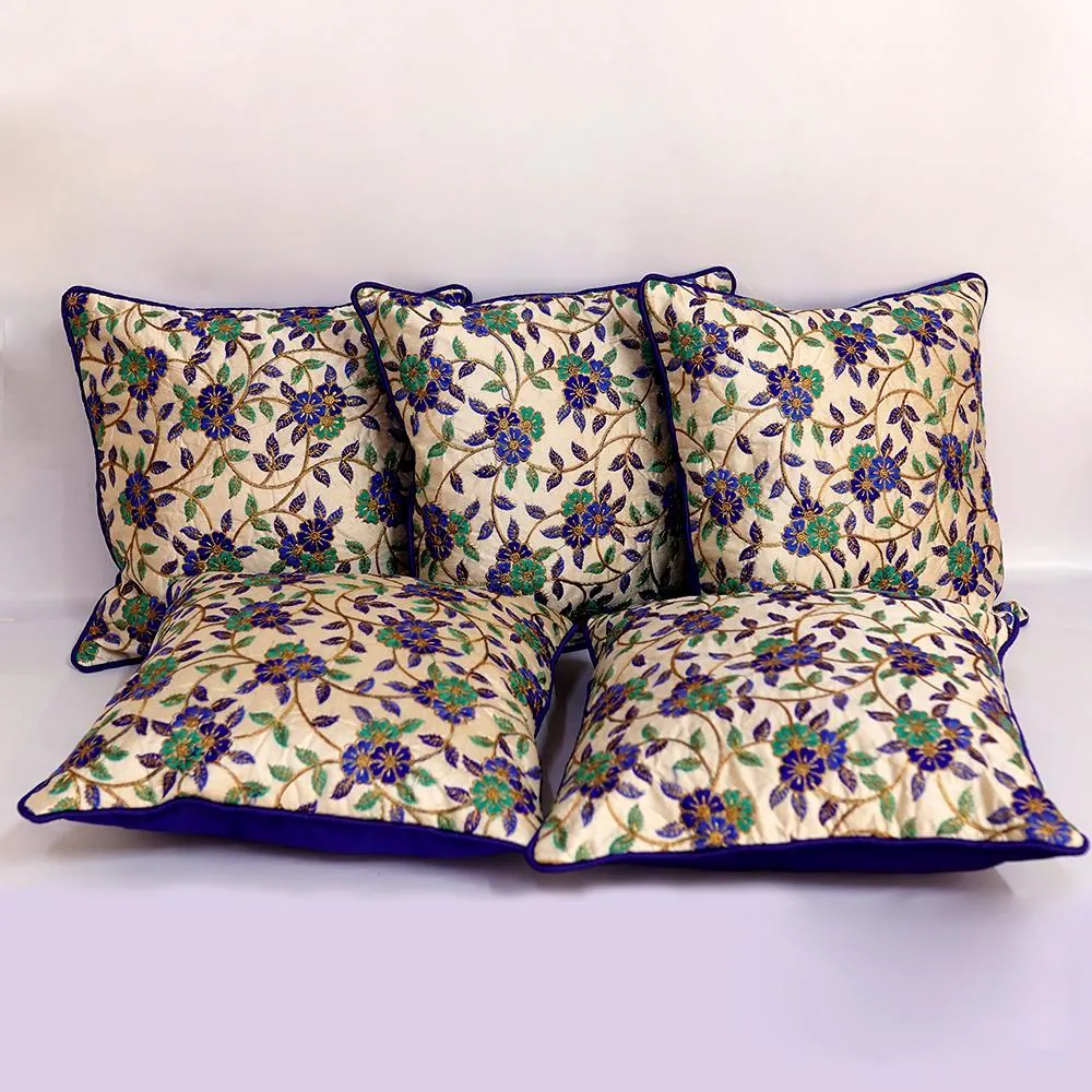 Ethnic Chunki Embriodery Silk Green  Cushion Cover Set of 5