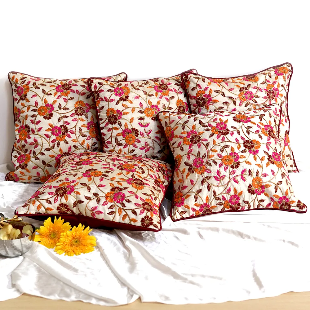 Ethnic Chunki Embriodery Silk Red Cushion Cover Set of 5