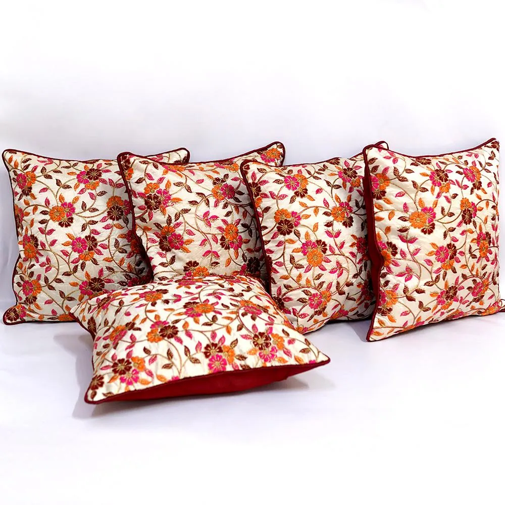 Ethnic Chunki Embriodery Silk Red Cushion Cover Set of 5