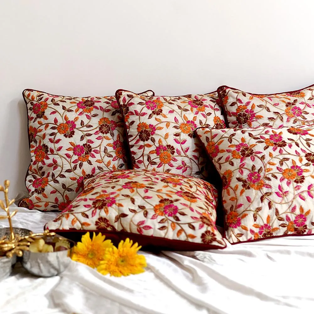 Ethnic Chunki Embriodery Silk Red Cushion Cover Set of 5