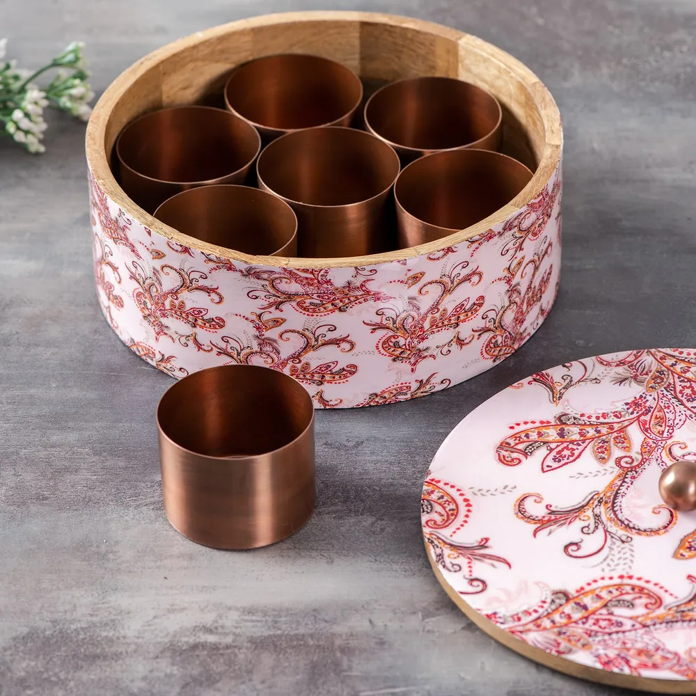 Ethnic Designer Wood & Stainless Steel Jars Masala/ Spice Box