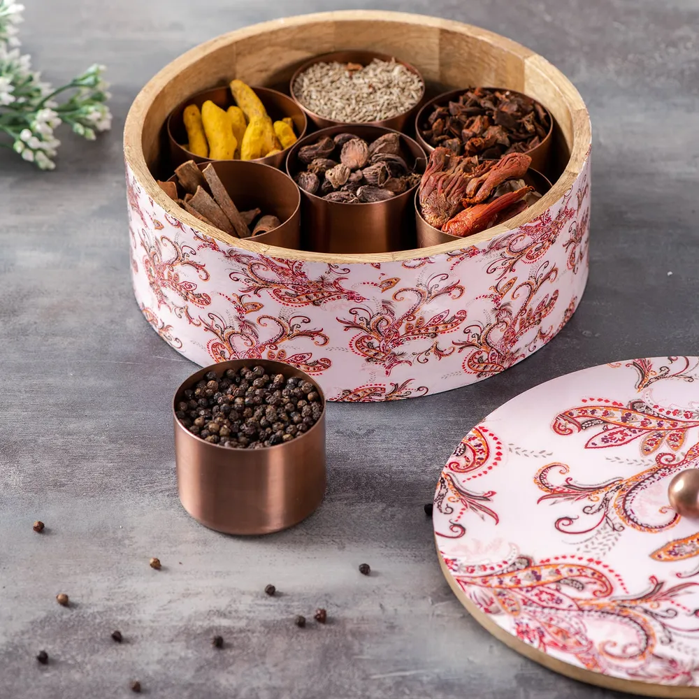 Ethnic Designer Wood & Stainless Steel Jars Masala/ Spice Box