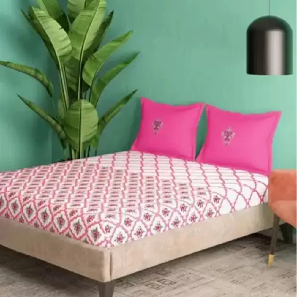 Ethnic Floral Motifs Printed Magnum Cotton King Size Bedsheet with 2 Pillow Covers - 300 Thread Count (Pink)