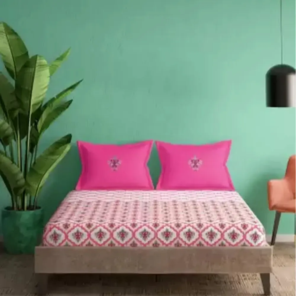 Ethnic Floral Motifs Printed Magnum Cotton King Size Bedsheet with 2 Pillow Covers - 300 Thread Count (Pink)