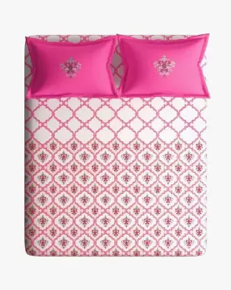 Ethnic Floral Motifs Printed Magnum Cotton King Size Bedsheet with 2 Pillow Covers - 300 Thread Count (Pink)