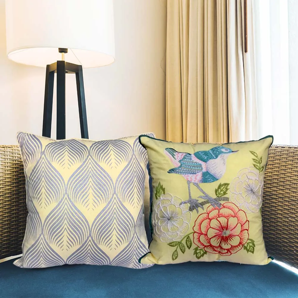 Ethnic Motif Beaded Yellow Cushion Cover Set Of 2