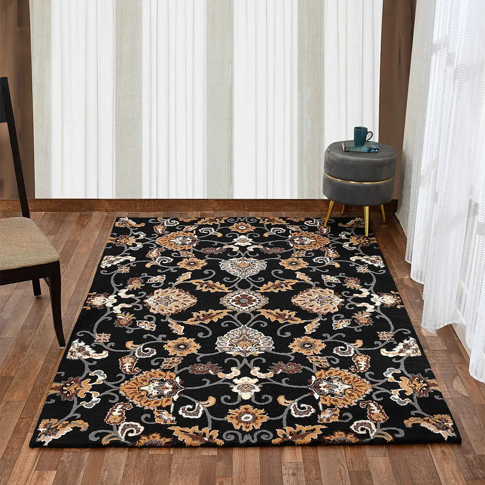 Ethnic Motif Black Coloured Designer Hand Tufted Wool Carpet for Living Room 4X6