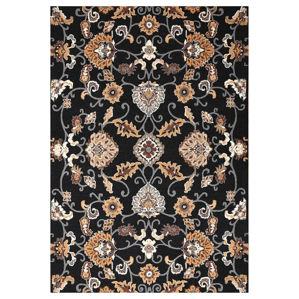 Ethnic Motif Black Coloured Designer Hand Tufted Wool Carpet for Living Room 4X6