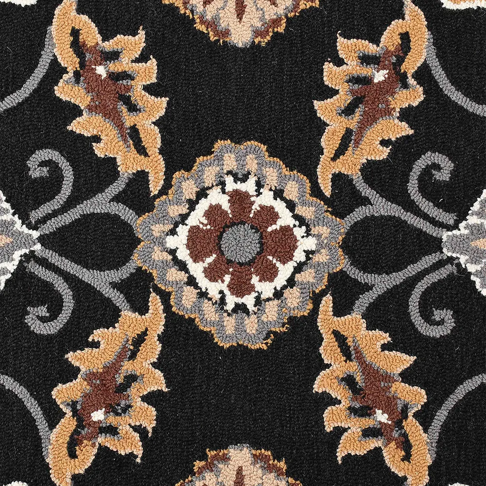 Ethnic Motif Black Coloured Designer Hand Tufted Wool Carpet for Living Room 4X6