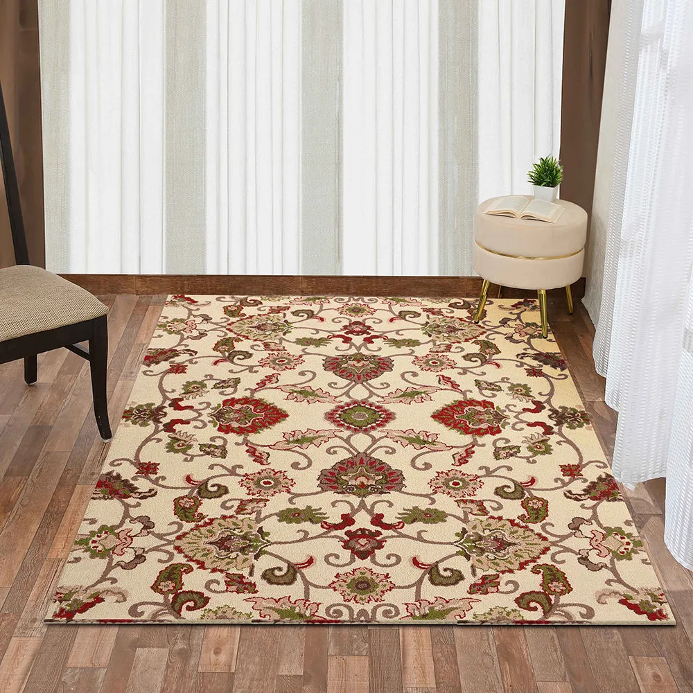 Ethnic Motif Cream Coloured Hand Tufted Wool Carpet for Living Room 4X6