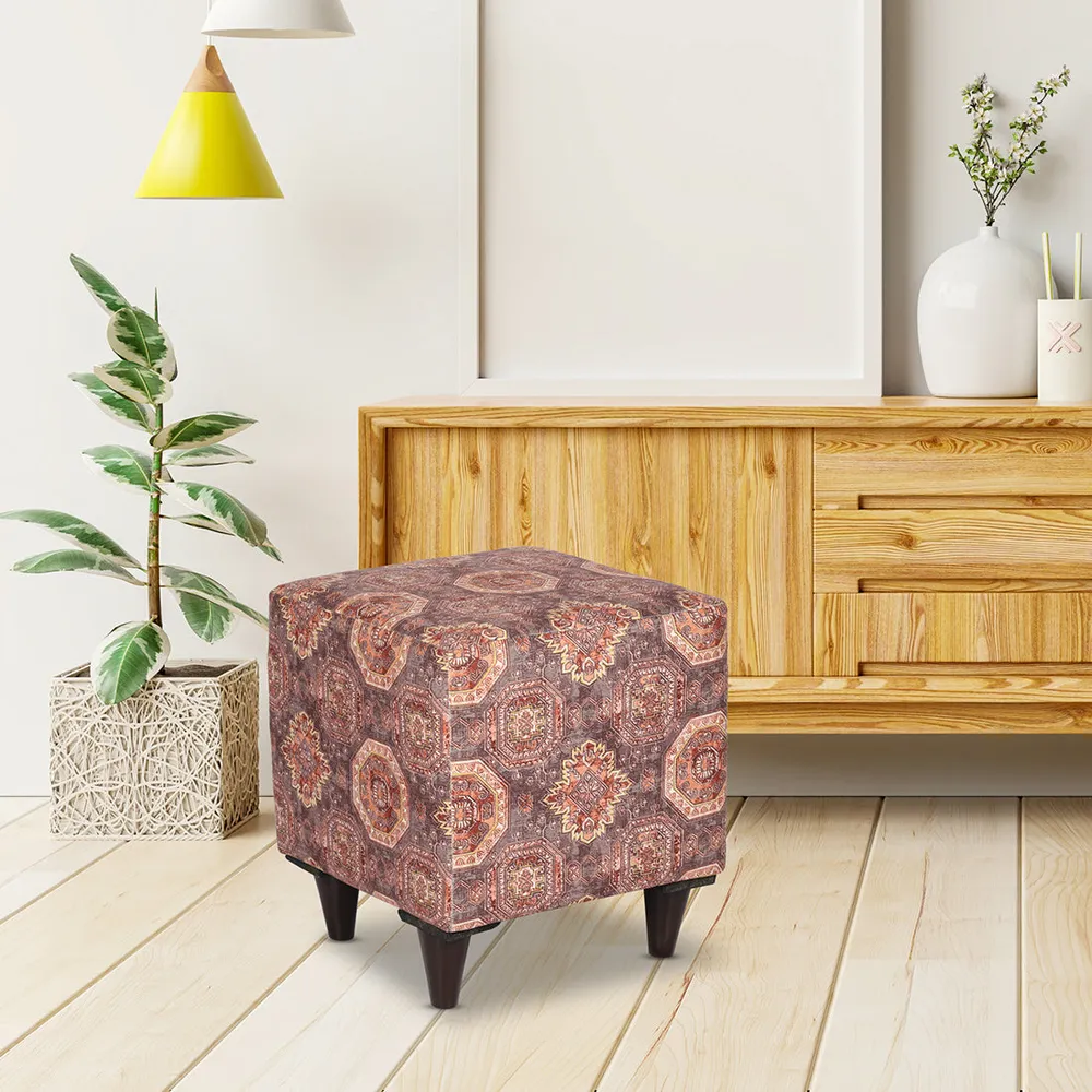 Ethnic Motif Printed Square Ottoman / Pouffe With Wooden Legs