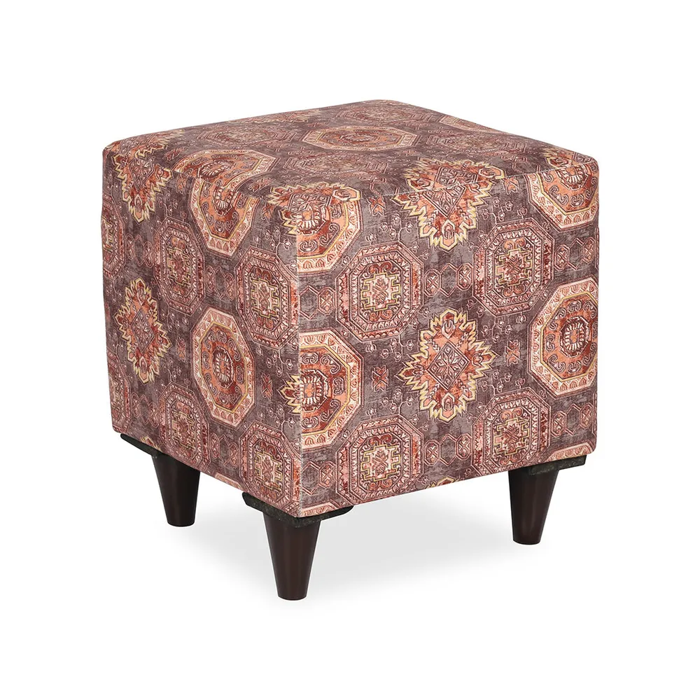 Ethnic Motif Printed Square Ottoman / Pouffe With Wooden Legs