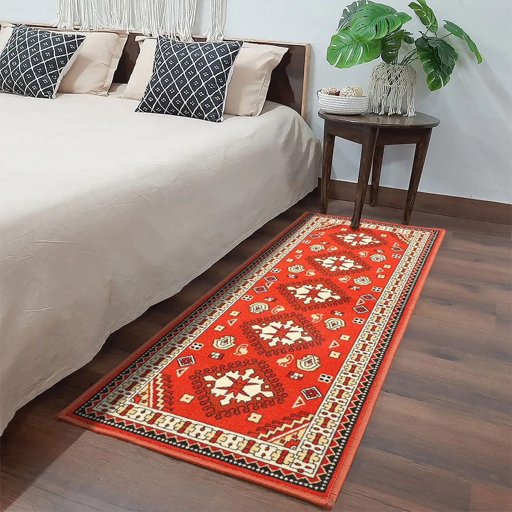 Ethnic Motif Rich Orange Polyviscose Bedside Runner