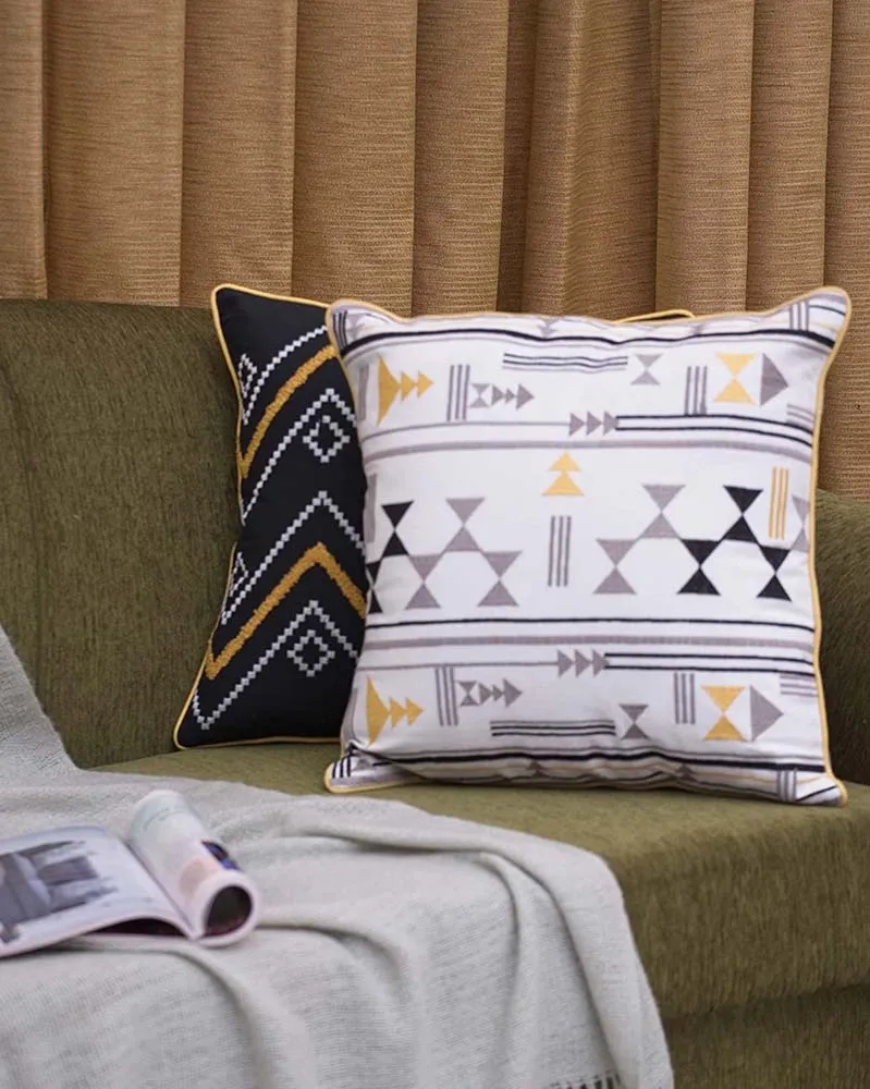 Ethnic Patterned Black & White Designer Cushion Cover Set Of 2