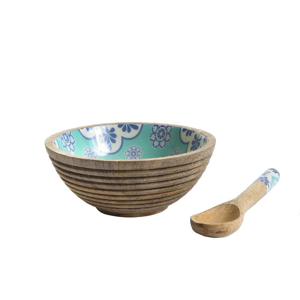 Ethnic Patterned Blue & Green Wooden Bowl With Spoon