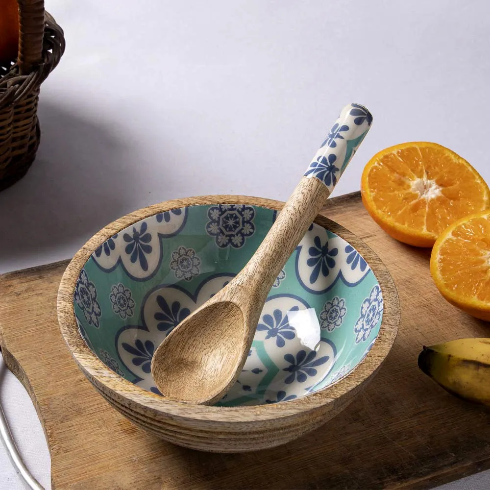 Ethnic Patterned Blue & Green Wooden Bowl With Spoon