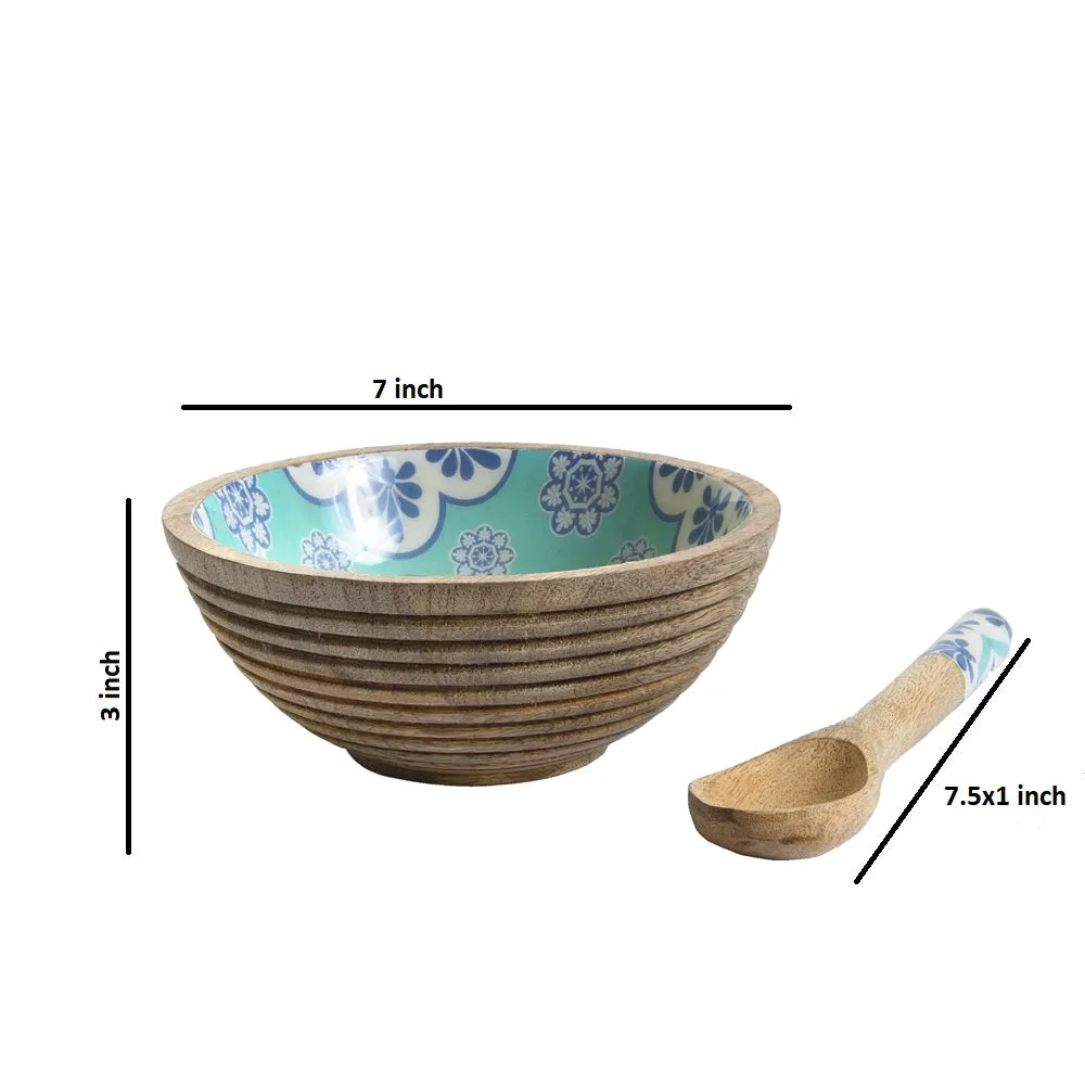 Ethnic Patterned Blue & Green Wooden Bowl With Spoon