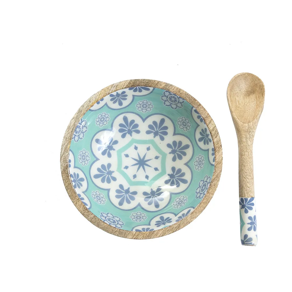 Ethnic Patterned Blue & Green Wooden Bowl With Spoon