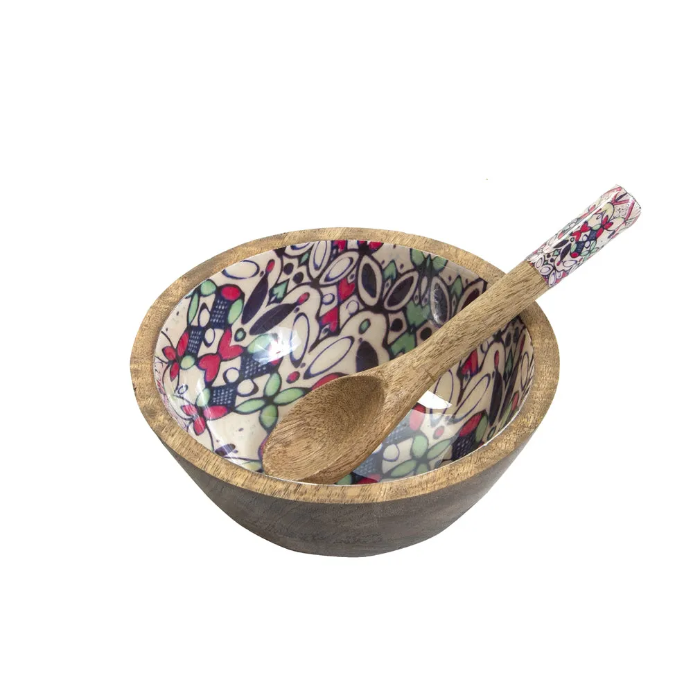 Ethnic Patterned Multicolor Wooden Bowl With Spoon