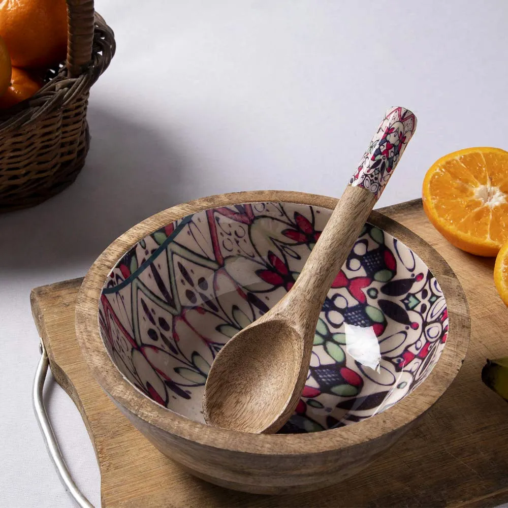 Ethnic Patterned Multicolor Wooden Bowl With Spoon