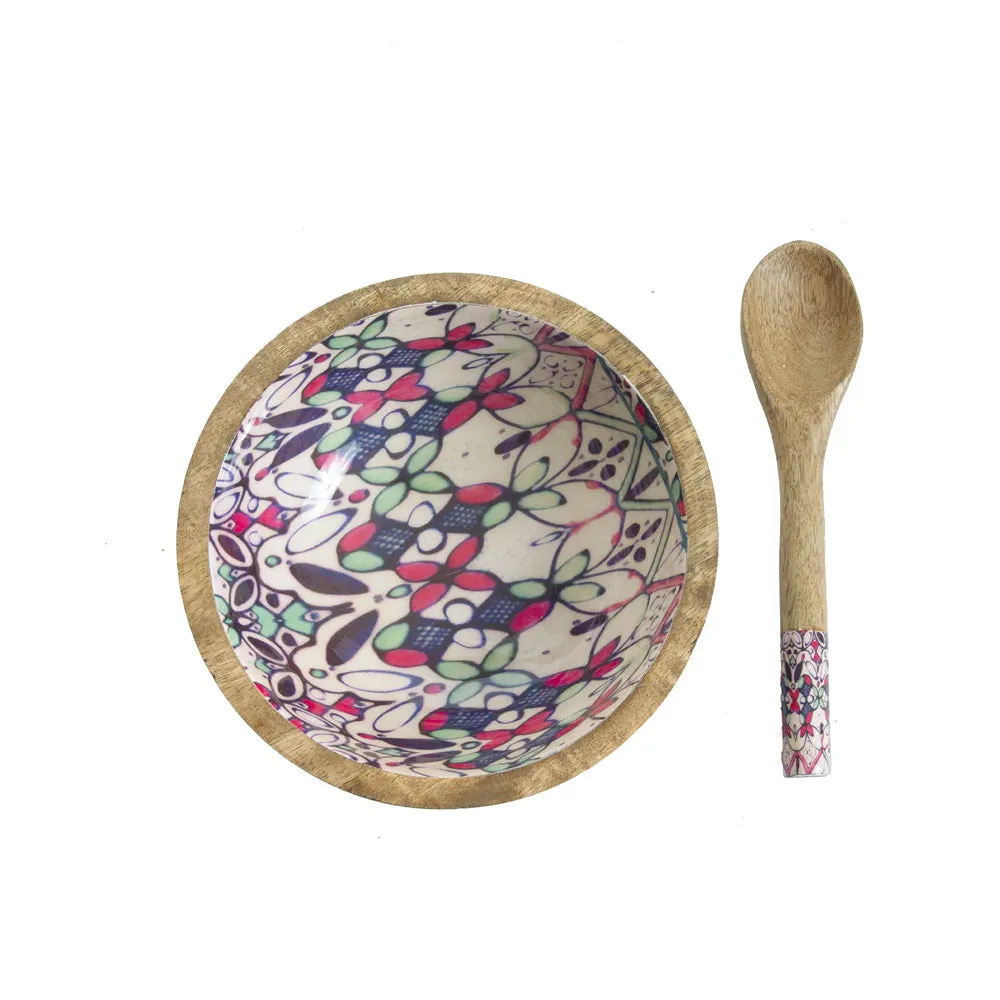 Ethnic Patterned Multicolor Wooden Bowl With Spoon