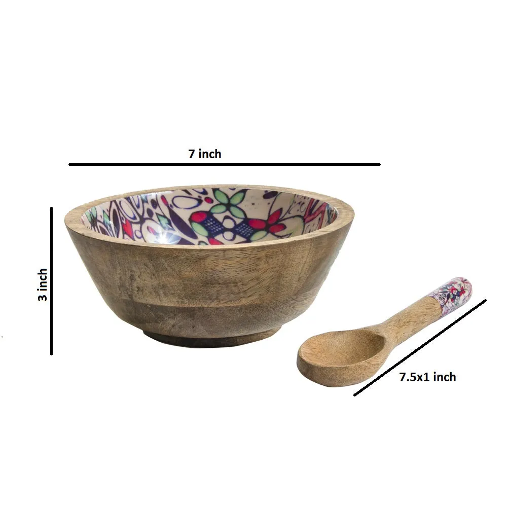 Ethnic Patterned Multicolor Wooden Bowl With Spoon