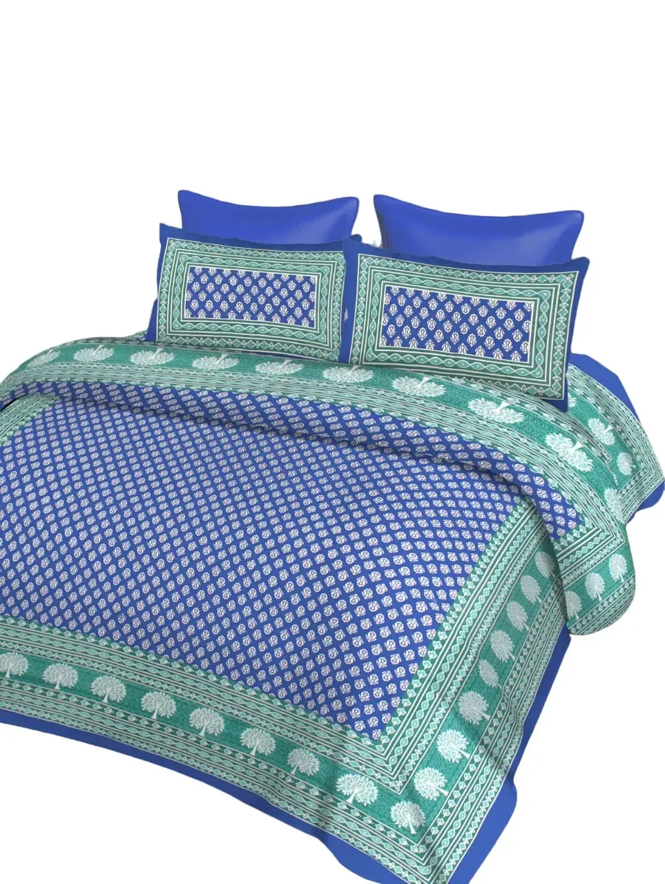 Ethnic Printed Green & Blue 144 TC Cotton Double Bedsheet with Pillow Covers